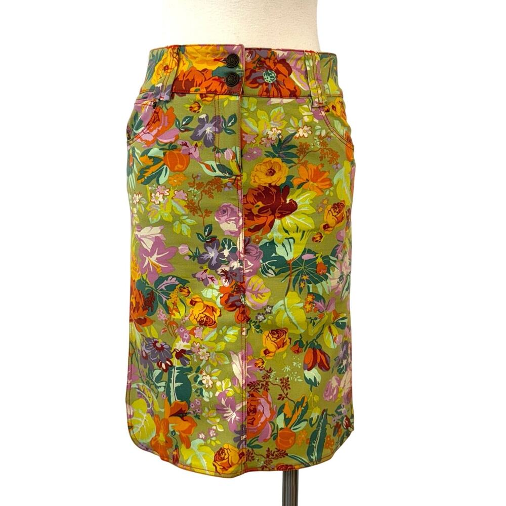 ETRO Floral Printed Denim Skirt Knee-Length Stretch Pencil Straight Fit 38 US 2